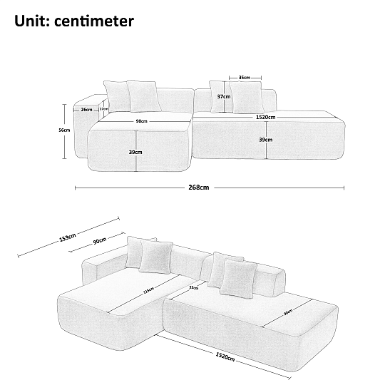 Угловой бескаркасный диван S033R синий, размер 267×56×151&nbsp;см