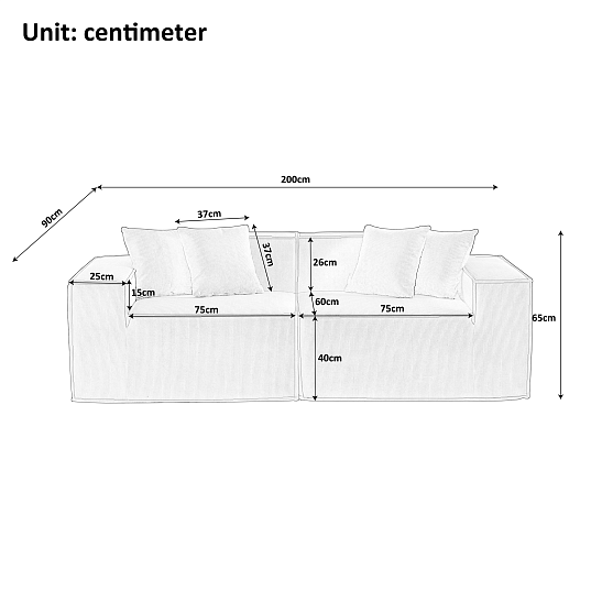 Прямой бескаркасный диван S045 серый, размер 200×65×90&nbsp;см