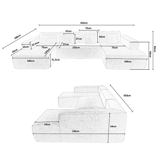Модульный бескаркасный диван S052 синий, размер 350×180×82&nbsp;см
