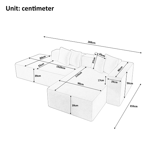 Угловой бескаркасный диван S033L серый, размер 267×56×151&nbsp;см