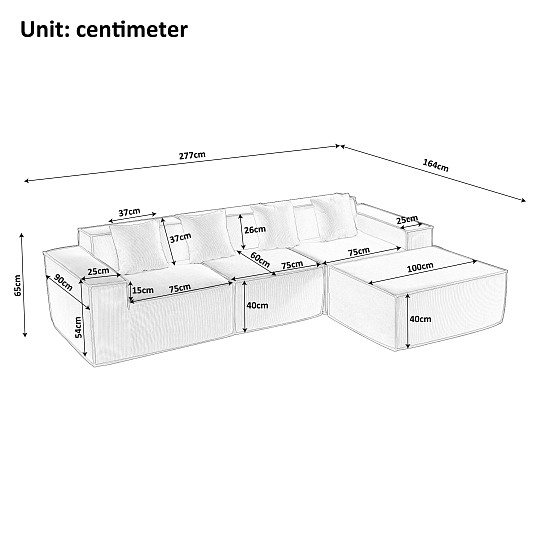 Угловой бескаркасный диван S044 серый, размер 277×65×164&nbsp;см