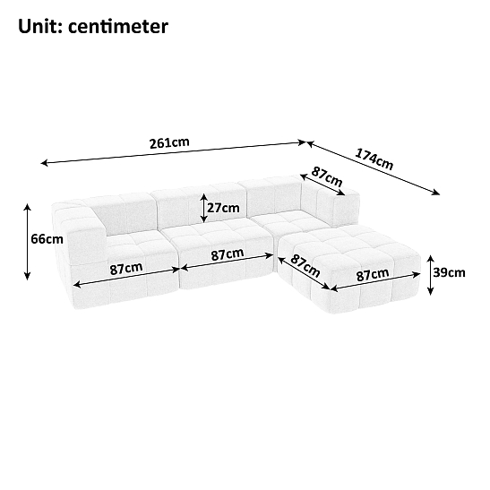 Угловой бескаркасный диван S069 светло-серый, размер 261×66×174&nbsp;см